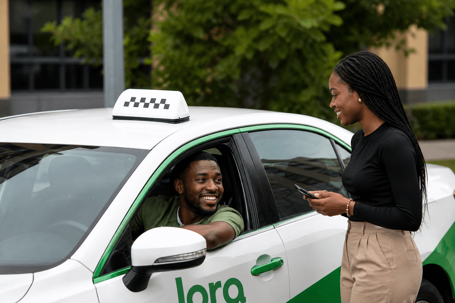 Woman with phone and taxi driver